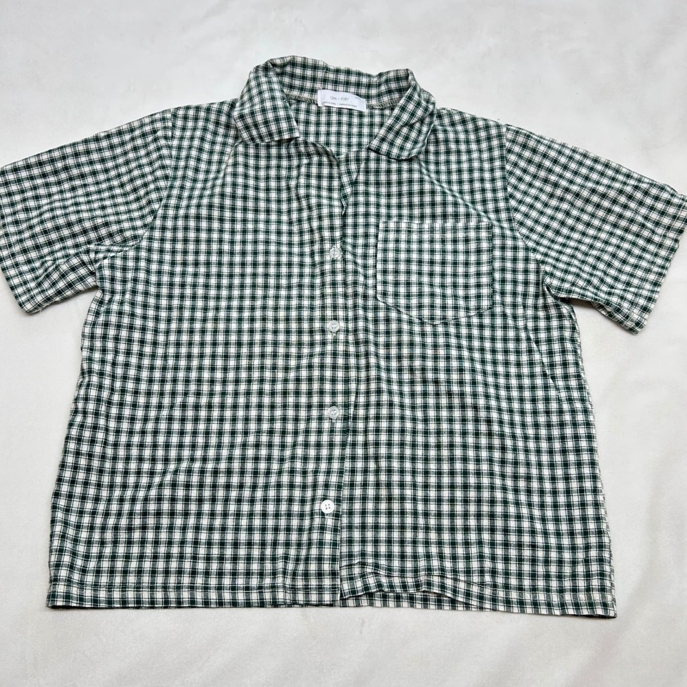 Oak + Fort Green Gingham Cotton Linen Short Sleeve Button Down Camp Shirt OS